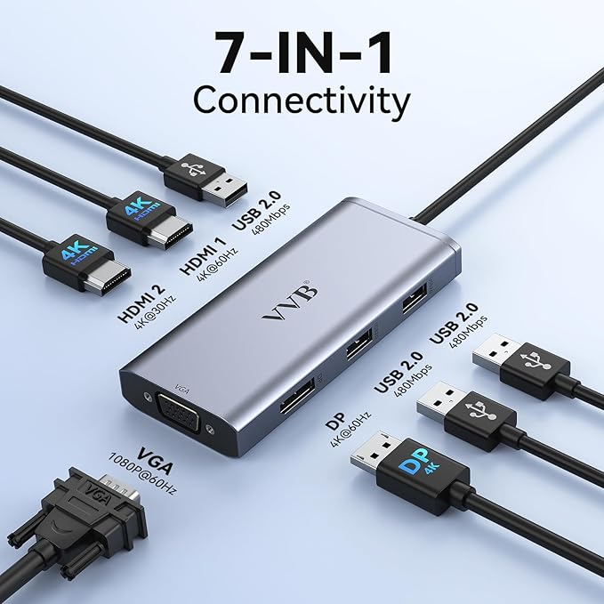 USB C to Dual HDMI Adapter,USB C Docking Station Dual Monitor Hub for Dell/HP/Lenovo Laptop,iPhone 15,USB C Hub Dongle Multi Monitors Adapter with 2 HDMI Ports+Displayport DP Port+VGA+3 USB