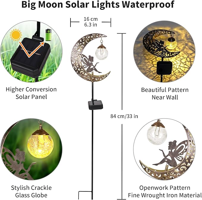 Solar Garden Lights Outdoor Decor,Moon Fairy Crackle Glass Lights,Waterproof Warm White LED Metal Stake Ornament,for Walkway Backyard Patio Lawn Pathway Decorations-Unique Gift Ideas for Gardening