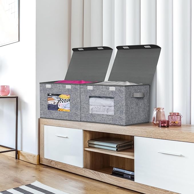 Univivi Fabric Foldable Storage Boxes [4-Pack] Large Collapsible Stackable Storage Bins with Lids, Closet Organizers and Storage Cube Basket for Home, Office, Bedroom (Grey, 17'' x 12'' x 12")