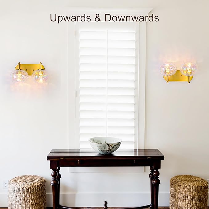 Brushed Gold Vanity Light Stained Hammered Glass Wall Sconce 2-Light Brass Wall Lamp for Hallway Living Room Stairwell Bathroom Over Mirror (Brass Gold, 2-Light)