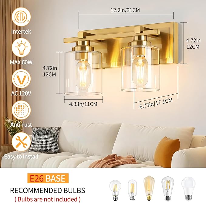 2 Light Modern Bathroom Light Fixtures Over Mirror, Brass Finish Vanity Lights for Bathroom Wall Sconces with Clear Glass Shades, E26 Socket (Bulbs Not Included)