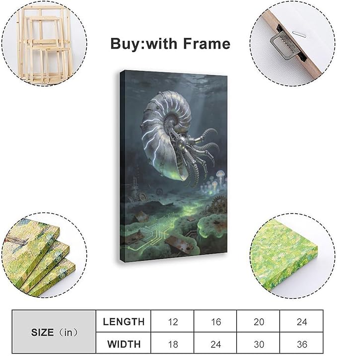 Framed Steampunk Mechanical Nautilus Wall Art - Underwater Industrial Poster for Man Cave Studio Decor 12x18inch(30x45cm)