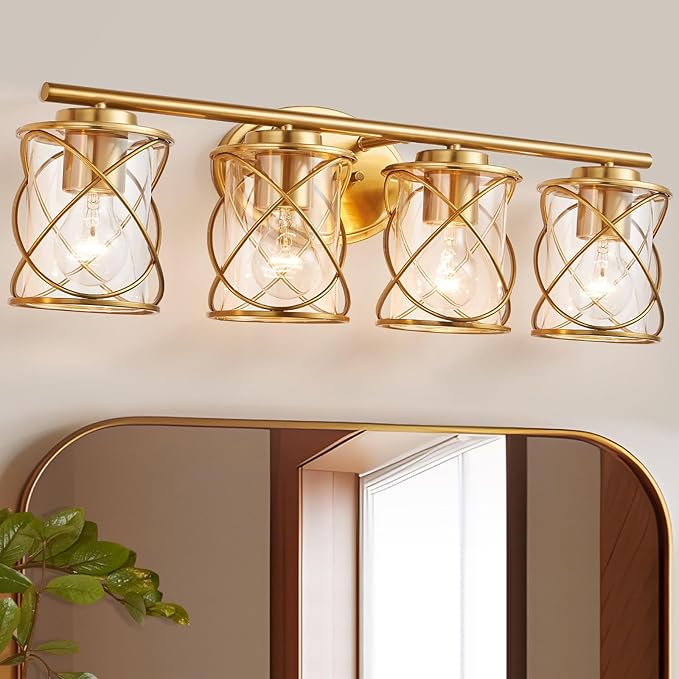 4-Lights Bathroom Light Fixtures, Brushed Gold Modern Vanity Light Over Mirror, Bathroom Wall Lamp for Mirror Kitchen Living Room Hallway Porch, Farmhouse Wall Lights with Clear Glass Cage Shade
