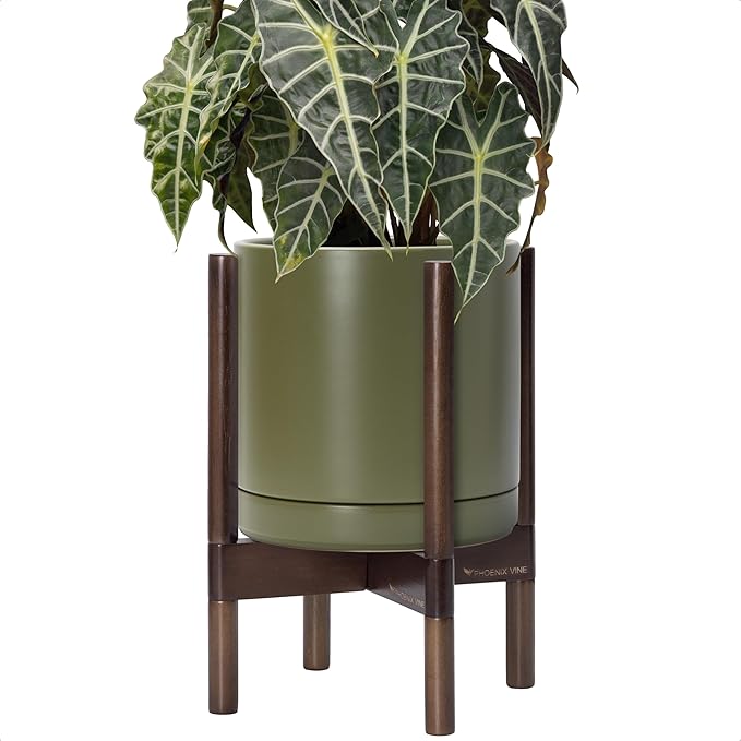 D'vine Dev Ceramic Planter with Walnut Color Stand - 10 Inch Modern Round Flower Pot with Wood Planter Holder, Olive, 55-B-X-J