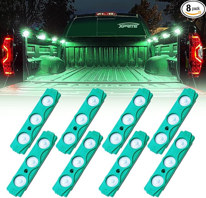 Xprite Green LED Truck Bed Light Kits with On/Off Switch, for Pickup Exterior Interior Lights Strips, Footwells, Running Boards, Cargo, Under Car, Tonneau Cover, Rail Rock Lighting - 8 PCs