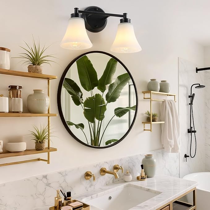 LOUSACE 2 Light Bathroom Vanity Light Matte Black Bathroom Lighting Fixtures Over Mirror with Opal White Frosted Glass, Vintage Traditional Wall Lighting Fixture Vanity Lights