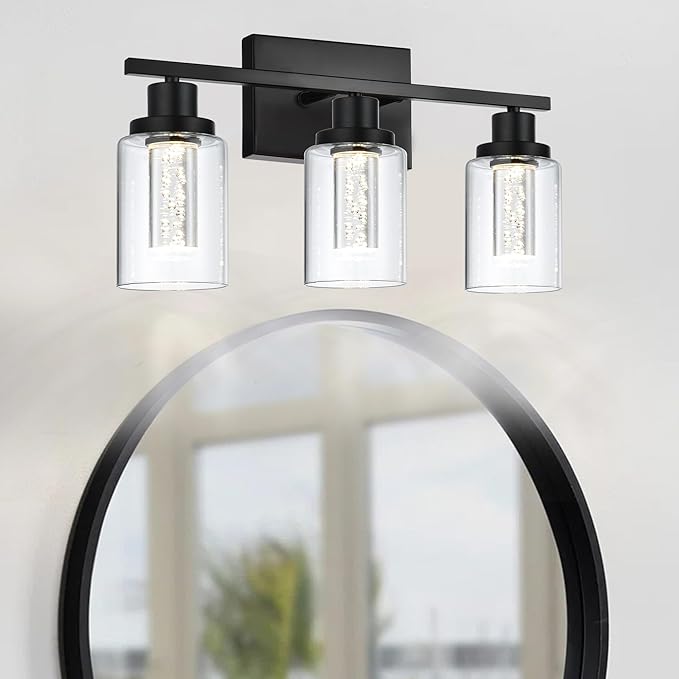 MELUCEE Bathroom Vanity Light Fixtures, 3-Light LED Bathroom Lighting Fixtures Over Mirror, 3000K-6000K Modern Black Vanity Light for Bathroom with Crystal Bubble Glass Shade, Built-in LED Chips