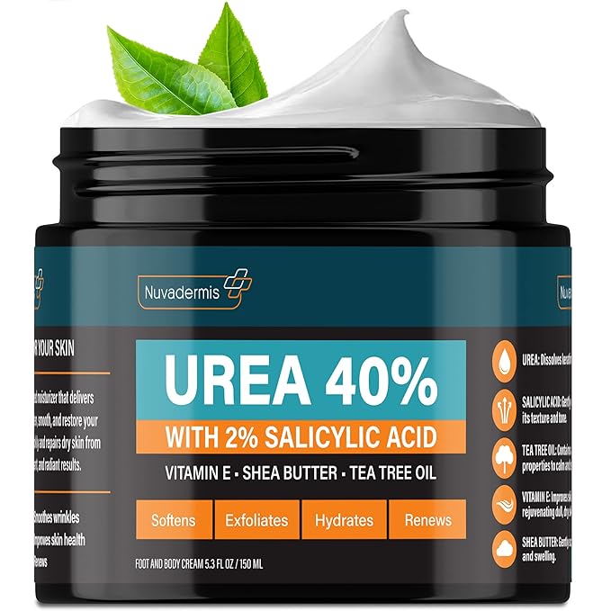 NUVADERMIS Urea Cream 40 Percent for Feet Maximum Strength - 40% Urea Foot Cream for Dry Cracked Heels and Feet - 2% Salicylic Acid, Shea Butter, Tea Tree Oil, Vitamin E - 5.3 fl oz
