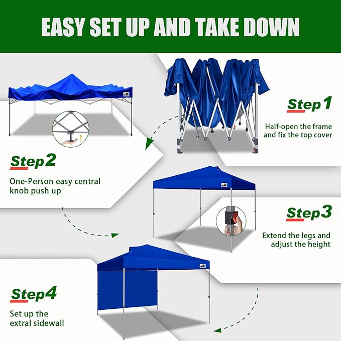 Eurmax USA NOMATTER ONE-Person Open&Close 10x10ft Pop Up Canopy Tent,Portable Shelter Canopy for Outdoor Events with 1 Removable Sidewall,Instant Canopies,Temporary Sunshade,Bonus 4 Sand Bags(Blue)