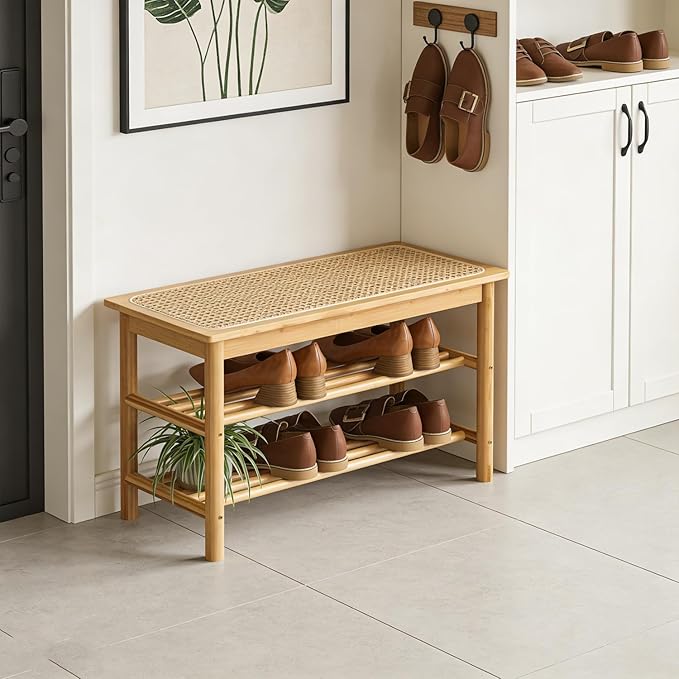latifolia Shoe Rack Bench, 3-Tier Bamboo Shoe Bench with Breathable Rattan Seat Cushion, Shoe Storage Rack for Entryway(Nautre,31.50''L)
