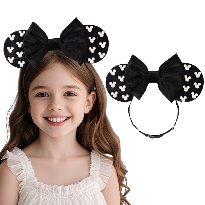 JIAHANG Adjustable Black Mouse Ear Velvet Bow Elastic Headband with Beadings, Fashion Hair Band for Baby Girls Infant Toddlers, Kids