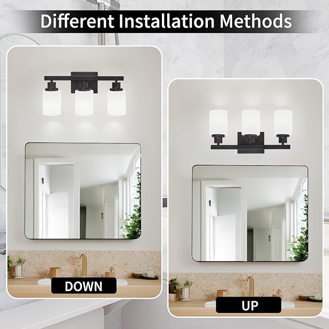 3-Light Bathroom Light Fixtures Over Mirror, Modern Matte Black Vanity Lights with White Frosted Glass Shade, Bathroom Wall Lamp Sconces for Mirror Bedroom, Living Room Hallway