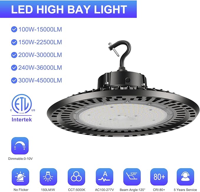 High Bay LED Shop Lights 240W UFO LED High Bay Light 5000K 36000LM 0-10V Dimmable 1000W HID/HPS Replacement with 5' US Plug IP65 Hanging Hook UFO Lights for Shop Warehouse Garage Workshop