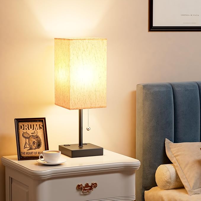 aooshine Medium Table Lamp with USB Ports - 3 Color Temperature Bedside Lamp for Bedroom, Pull Chain Control, USB A and C Ports, 2 AC Outlets, Bulb Included