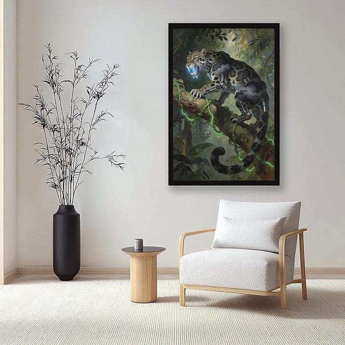 Framed Steampunk Mechanical Leopard Wall Art - Jungle Futuristic Beast Poster for Man Cave Living Room Decor 20x30in