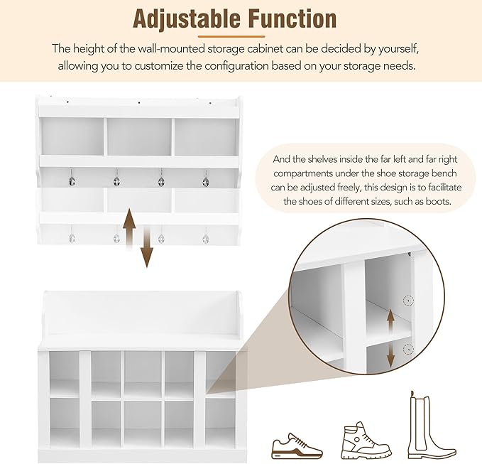 Shoe Storage Bench with Shelves and 4 Hooks, Entryway Hall Tree with Shoe Cabinet with Coat Rack