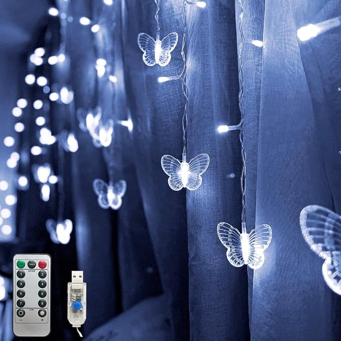 Butterfly Curtain Fairy Lights USB Plug in,8 Modes 120 LED 20FT Firefly Twinkle Timer String Lights with Remote, Waterproof Copper Wire for Bedroom Patio Christmas Wedding Party (Cool White)