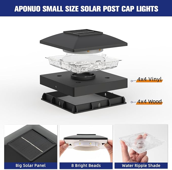 APONUO Solar Post Cap Lights for 4x4 Posts - IP64 Waterproof, 3000K LED, No-Wire Fence Lights & Deck Lights for Patio Garden Yard Patio, Black-Warm White, 6 Pack