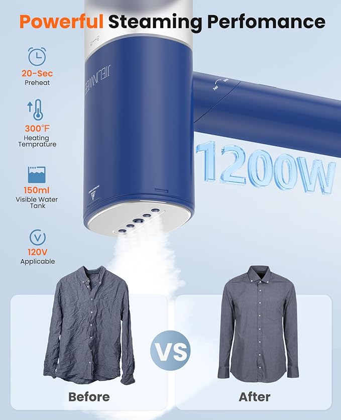 Handheld Steamer for Clothes, 1200W Foldable Travel Steamer, 20 Sec Preheat Garments Wrinkle Remover, 120V Portable Hand Iron with 150ml Water Tank, Clothes Steamer for Home Travel-Blue