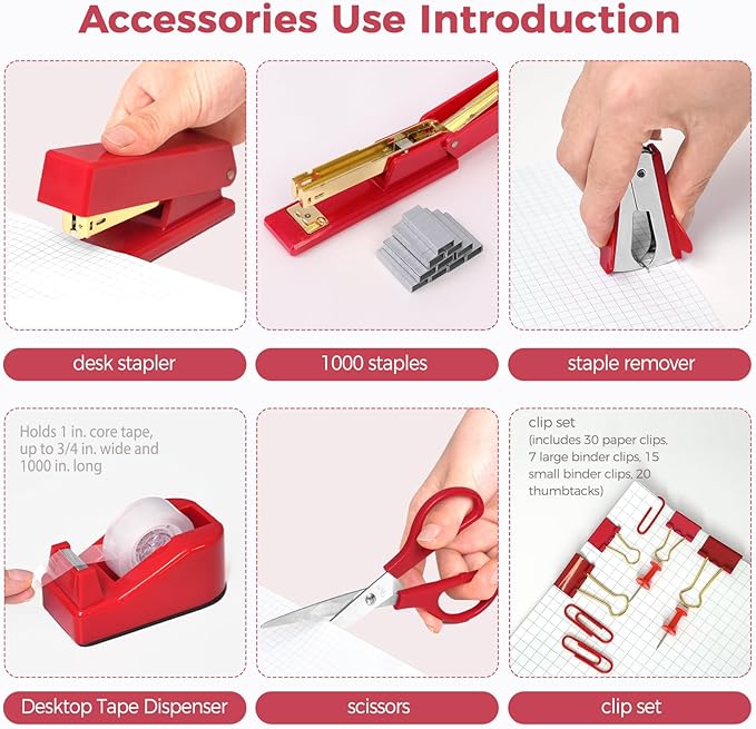 SKYDUE Red Office Supplies Set, Desk Accessories, Stapler, Tape Dispenser, Scissors, Binder/Paper Clips and 1000pcs Staples, Office Decor for Women