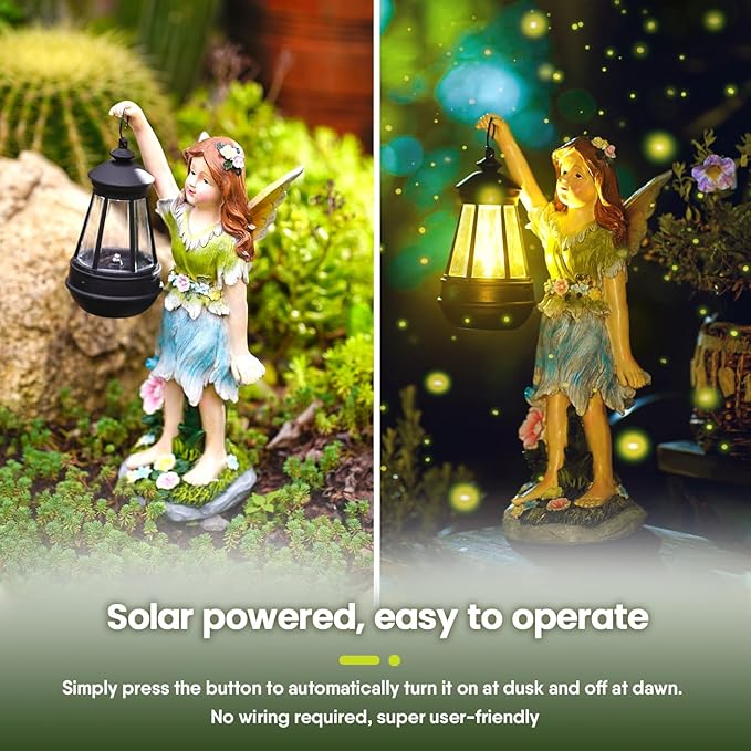 Fairy Garden Statue Solar Garden Fairy with Lantern Light Outdoor Decoration Waterproof Solar Sculpture for Patio Yard Lawn Gift for Mom Grandma