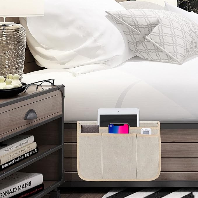 Bedside Caddy Bedside Storage Organizer Magazine Phone Tablet iPad Remote Holder, Organizer Caddy for Home College Dorm Bed, Sofa, Bunk Bed (Pale Khaki)