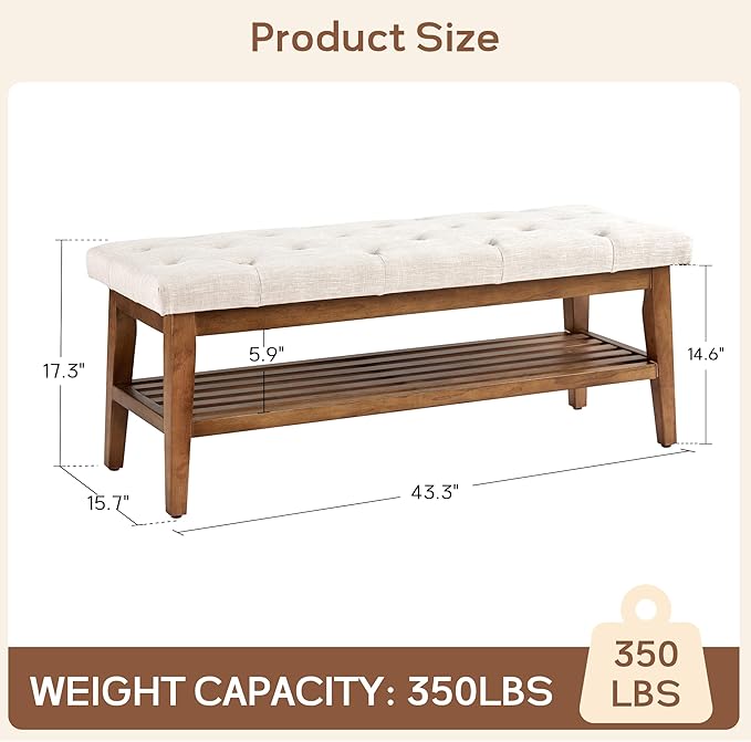 HUIMO Entryway Shoe Bench, End of Bed Bench,Upholstered Button-Tufted Bench for Kitchen, Fabric Ottoman Bench for Living Room, Padded Bench with Solid Wood Shelf Beige