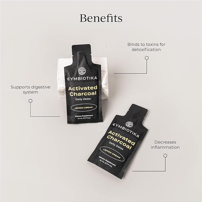 CYMBIOTIKA Activated Charcoal Liquid Supplement Packets from Coconuts for Bloating, Gut Health & Digestive Support, Helps Detox, Vitamin E, Lemon Cream Flavor, Vegan, 26 Pack