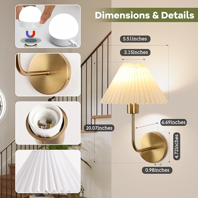 Wireless Wall Sconce Sets of 2, Pleated Shades Rechargeable Battery Operated Wall Sconce, Retro Industrial Gold Wall Lights Bathroom Vanity Sconces, Wall Mounted Lamps for Bedroom Living Room Kitchen