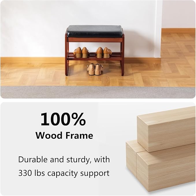 Solid Wood Shoe Bench, 2-Tier Wooden Entryway Bench, Modern Shoe Rack with Faux Leather Cushion for Hallway, Living Room (Black, 21.65'')