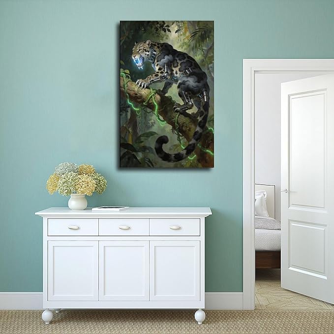 Framed Steampunk Mechanical Leopard Wall Art - Jungle Futuristic Beast Poster for Man Cave Living Room Decor 20x30inch(50x75cm)