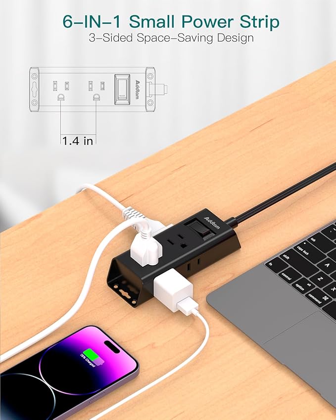 Cruise Ship Essentials, Flat Plug Power Strip, Addtam 1 ft Ultra Flat Extension Cord with 6 Outlets Extender, No Surge Protector for Cruise Ship, Travel, Dorm, Home Office, Black