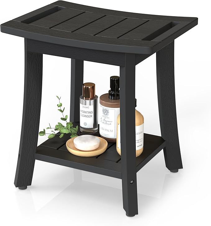 HIPS Shower Benches for Inside Shower, Waterproof Shower Stool with Storage Shelf & Adjustable Feet, SPA Bathroom Seat Chair for Shaving Legs, Indoor or Outdoor Use, Black