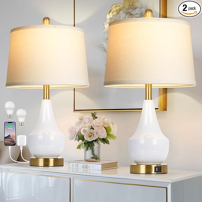 Modern White Table Lamp Set of 2, 24" Ceramic Table Lamp with USB A+C Ports,Classic Beside Lamps Nightstand Lamp Modern Lamp for Living Room, Bedroom & Office -LED Bulbs Included