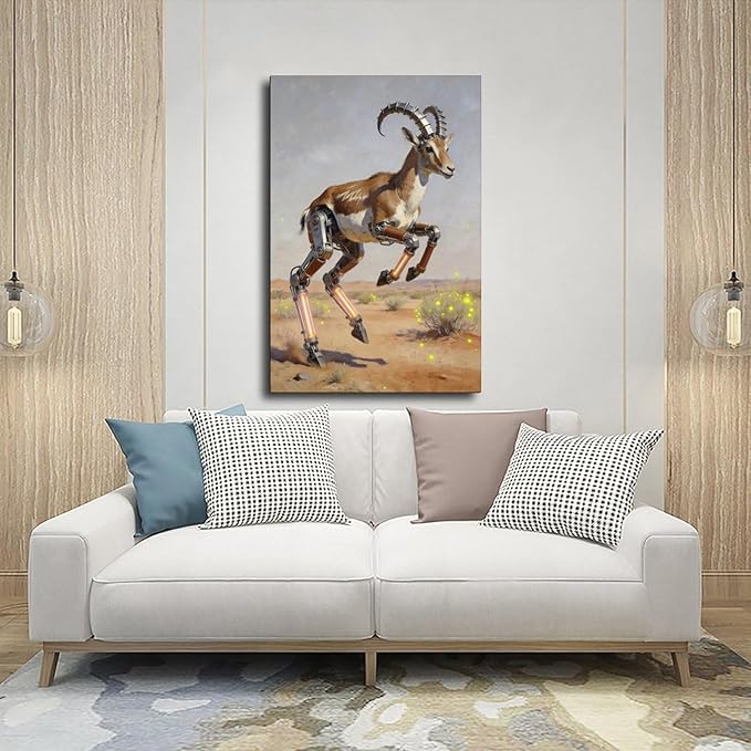 Framed Steampunk Mechanical Antelope Wall Art - Desert Futuristic Poster for Loft Living Room Decor 16x24inch(40x60cm)