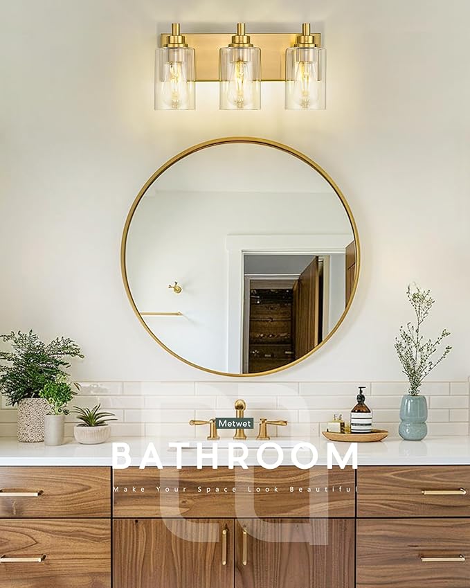 3-Light Bathroom Light Fixtures, Brushed Gold Vanity Light with Cylinder Clear Glass Shade, Modern Vanity Lighting Fixtures Over Mirror, VL143-BG-3