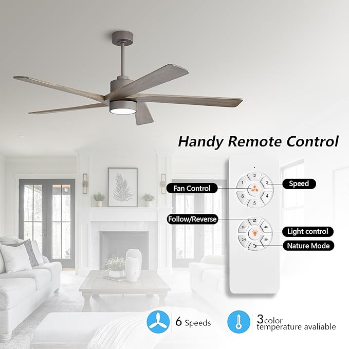 WINGBO 54 Inch DC Ceiling Fan with Lights and Remote Control, 5 Reversible Carved Wood Blades, 6-Speed Noiseless DC Motor, Modern Ceiling Fan in Graphite Finish with Gray Blades, ETL Listed
