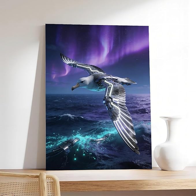Framed Steampunk Mechanical Seagull Wall Art - Aurora Ocean Retro Poster for Bedroom Game Room Decor 20x30inch(50x75cm)