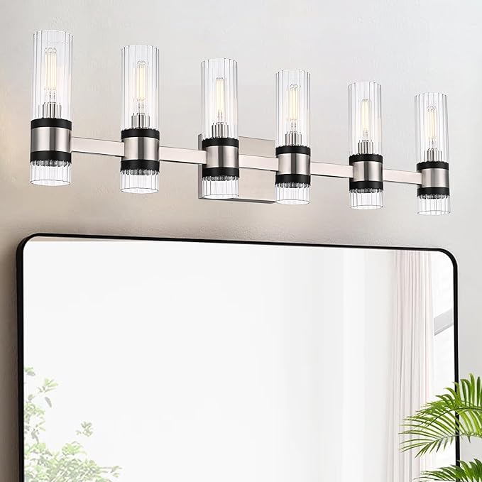 MELUCEE 6 Light Black Vanity Lighting Fixture with Ribbed Clear Glass Shade, Vanity Bathroom Light Fixture Over Mirror Industrial Wall Mounted Sconces Lighting, E12 Base