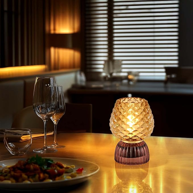 Battery Operated Lamp with Timer, Cute Small Cordless Glass Table Lamp for Home Decor, Kitchen, Bathroom, Birthday Gift for Women, Pinecone, Amber, 2 Pack