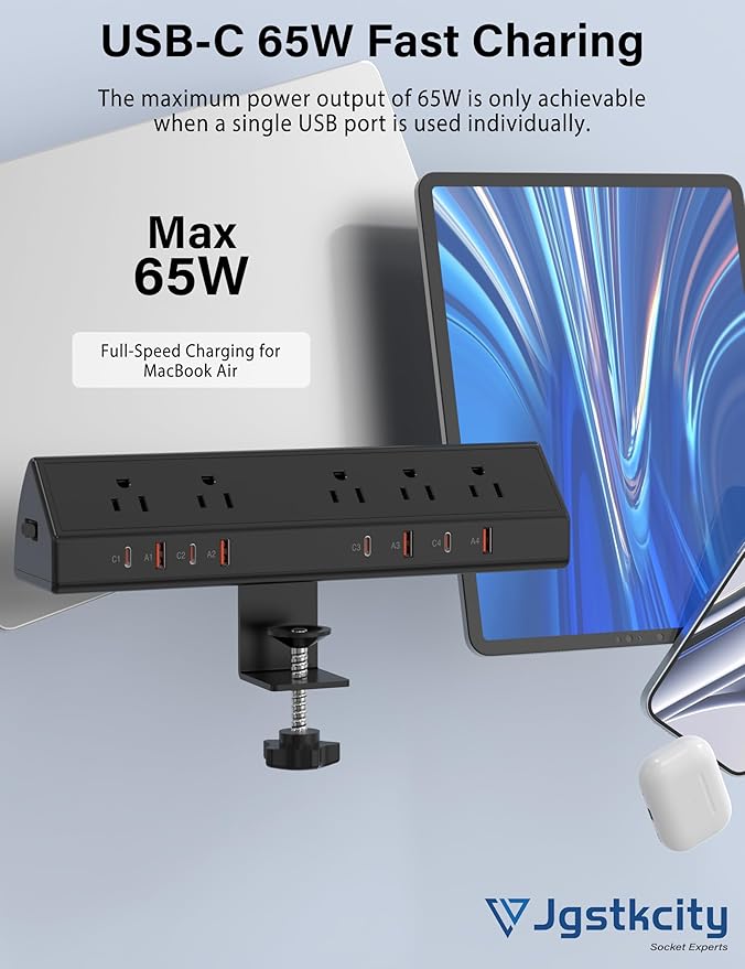 Desk Clamp Power Strip 65W Fast Charging Station,4 PD USB-C,5 Outlets,Nightstand Desk Edge Mount Tower Surge Protector,15 Amp Heavy Duty Power Strip,Fits 1.96" Tabletop Edge (Black, 10 FT Cable)