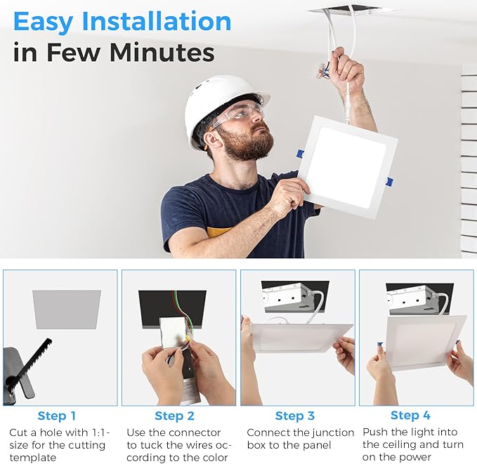 HONZIN 4 Pack 8 Inch Square LED Recessed Lighting, Ultra-Thin Canless Ceiling Light, 5CCT Selectable 2700K/3000K/3500K/4000K/5000K, 20W Dimmable, IC Rated with Junction Box, White Trim