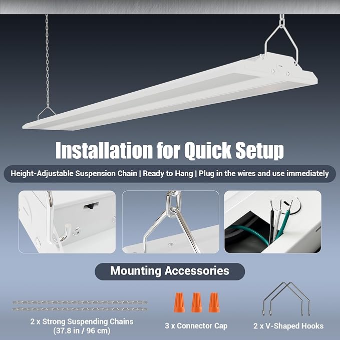 4-Pack 300W LED Linear Shop Lights, 45000LM Led High Bay Lights 5000K Daylight 120-277V, Led Garage Light for Shop Workshop Store Commercial Supermarket Warehouse Basement Exhibition Room ETL