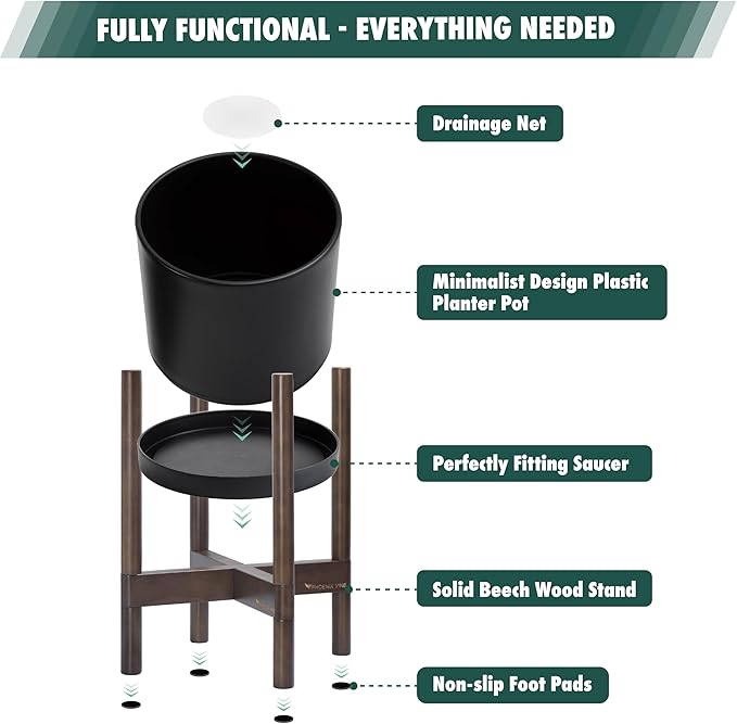 D'vine Dev Planter Pot with Stand - 8 Inch Plastic Cylinder Flower Pot with Wood Planter Holder for Indoor, Matte Black Pot + Walnut Color Stand, 55-C-I-2