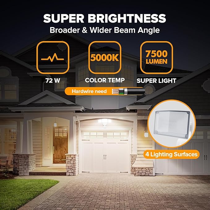 LUTEC 72W 7500LM LED Security Lights Motion Sensor Light Outdoor, 5000K Daylight, IP65 Waterproof, Dusk to Dawn, 3-Head Motion Detected Flood Light for Garage, Yard, Porch(White)