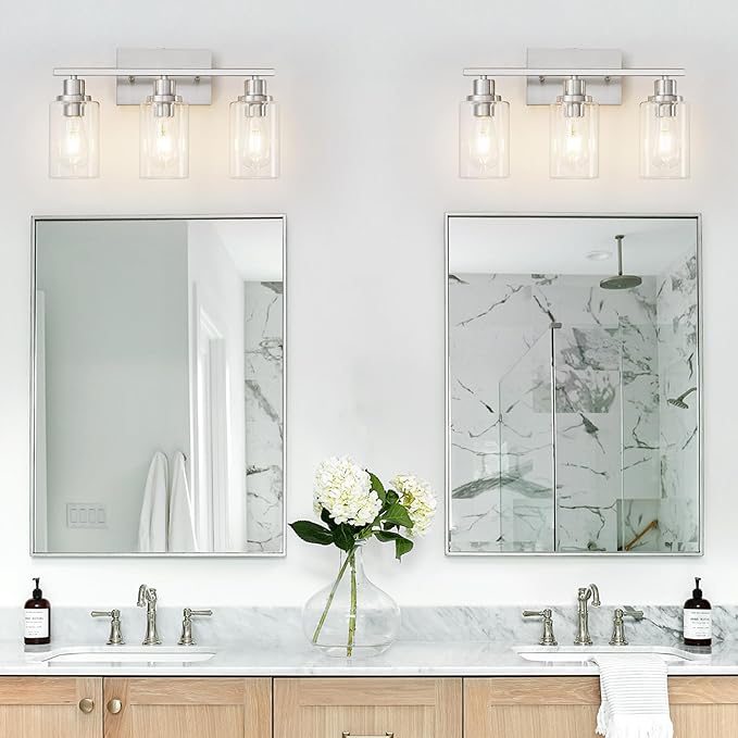 3 Light Bathroom Light Fixtures Brushed Nickel Vanity Light Over Mirror Modern Farmhouse Wall Lighting Sconces Wall Lamp for Bathroom, Bedroom, Living Room E26 Socket with Glass Shade