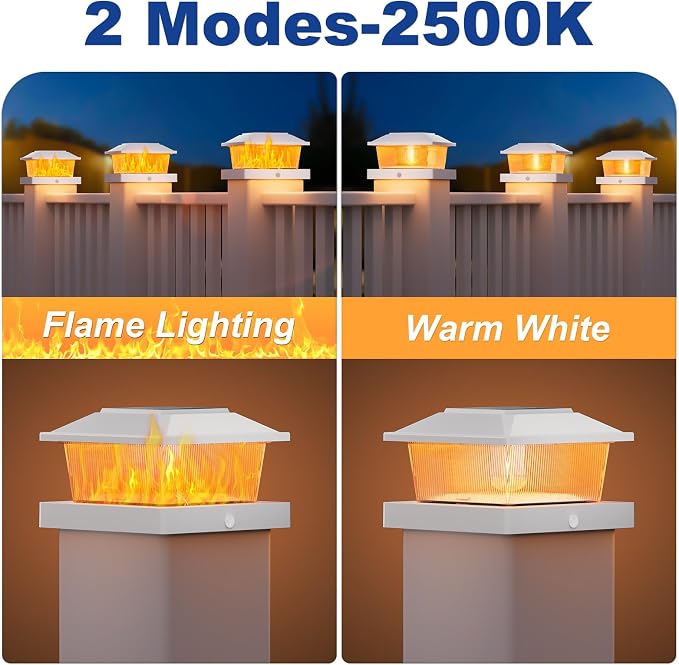 APONUO Solar Post Cap Lights with Flickering Flame & Warm White, 18-Pack for 4x4 Wood/ 5x5 Vinyl Posts, Solar Powered Deck & Fence Lights, Auto On/Off, IP65 Waterproof, Glossy White