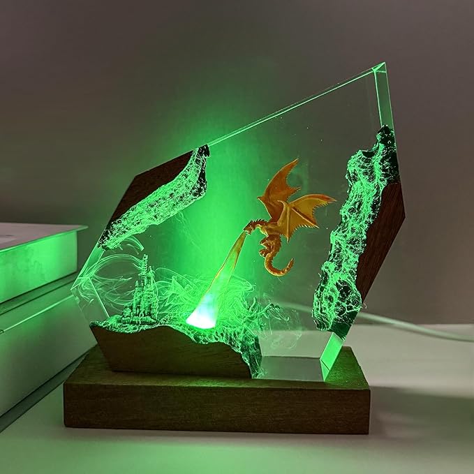 Epoxy Fire Dragon Resin Lamp, Handmade Resin Night Light with USB Port, Multi-Color LED Light, Ideal Home Bedroom Decor, Unique Birthday Holiday Gifts for Father Men Husband Boyfriend Him (10"x6")