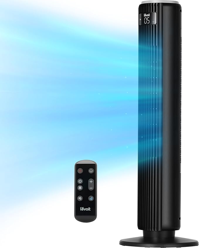 LEVOIT Classic 36 inch Tower Fan for Bedroom, 25ft/s Airflow Standing Fan that Blows Cold Air for Home, 90° Oscillation, Quiet 28dB, Remote, 12H Timer, 5 Speeds, 4 Modes with Smart Sensor, Black
