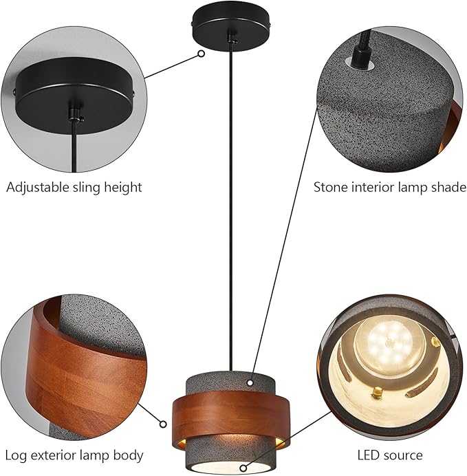 Modern Cement Pendant Light Fixture,Concrete Pendant Lights with Wood Accent,Vintage Farmhouse Chandelier for Kitchen Island Dining Room Living Room Bedroom Restaurant Cafe,(Black 1-Pack)